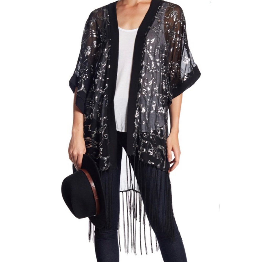Cejon Sheer Sequin Fringe Ruana Kimono